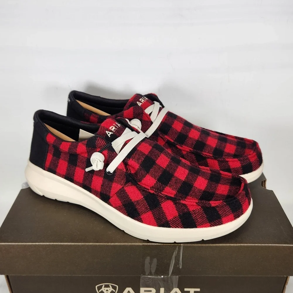 Ariat Hilo Shoes Mens Size 11 Red Buffalo Check Flannel Slip On Moc Toe Sneaker